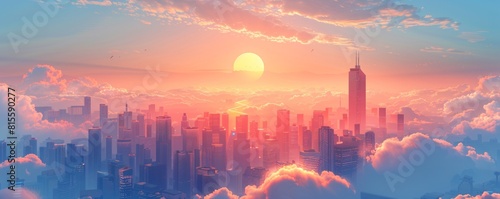 A retro-futuristic cityscape where towering skyscrapers and domed structures rise above the clouds  their sleek surfaces gleaming in the sunlight.   illustration.