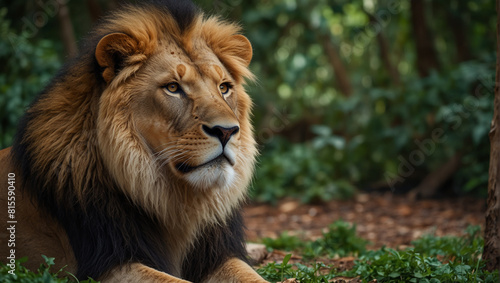 This image shows a lion sitting in a lush sunlit forest. The lion is looking to the right of the frame and has a dark brown mane.  