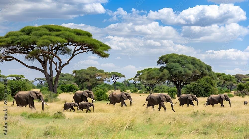 Naklejka premium Herd of Elephants in Africa walking through the grass in Tarangire National Park Tanzania : Generative AI