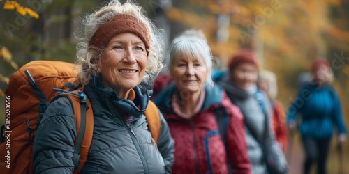 Hiking  walking and senior women in a forest or woods on a hiking trail together. Group of old women doing exercise  workout and fitness in retirement to keep active. Friends taking a walk in nature