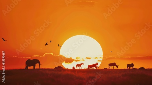 African sunset panoramic background with silhouette of the animals   Generative AI