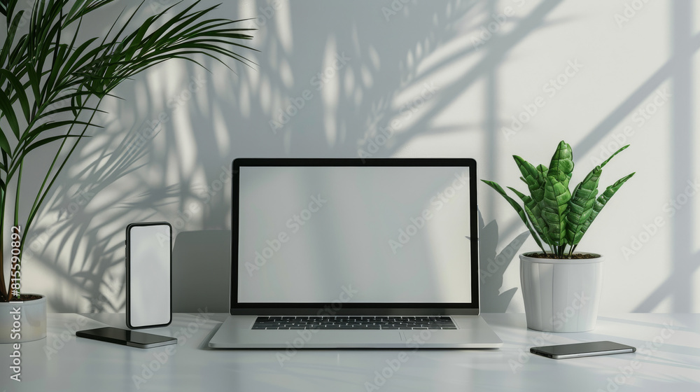 A laptop on a desk next to a potted plant and a cup with blank screen A laptop on a desk next to a potted plant and a cup with blank screen