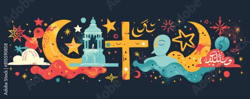 A vibrant mural depicting the peaceful coexistence of multiple religions, with symbols like the cross, crescent, Om, and Star of David intertwined in harmony.   illustration photo