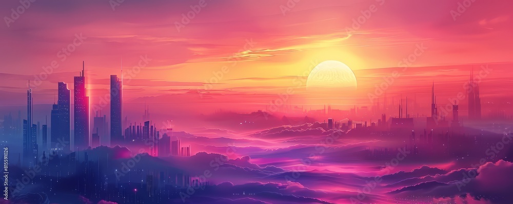 Naklejka premium A futuristic utopia where gleaming towers rise into the sky, their shining surfaces reflecting the light of a thousand suns. illustration.