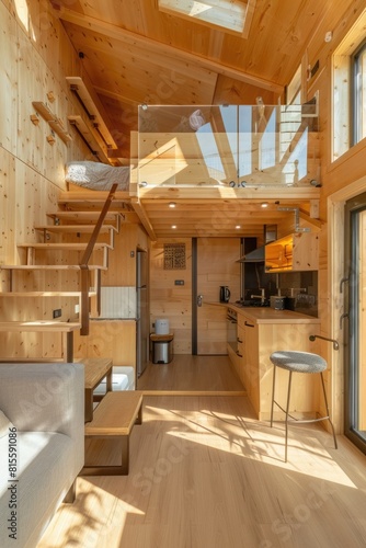 interior of modern wooden house  kitchen and dining room in attic