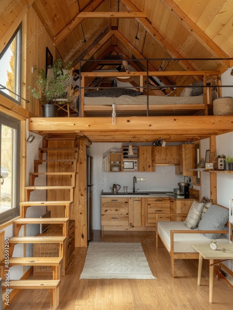 interior of modern wooden house, kitchen and dining room in attic interior of modern wooden house, kitchen and dining room in attic