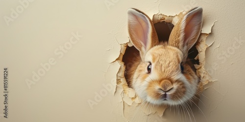 Easter bunny peeking out of a hole on cream color background. illustration