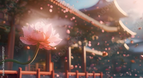 a beautiful flower in front of the temple photo