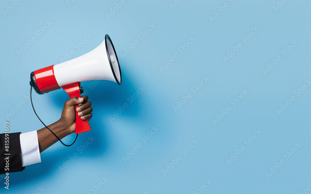 hand with megaphone on blue background with space for text hand with megaphone on blue background with space for text