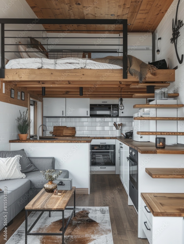interior of modern wooden house, kitchen and dining room in attic interior of modern wooden house, kitchen and dining room in attic