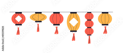 Chinese lanterns, paper lamps decorations hanging on string. China New Year festival lights. Lunar holiday traditional Asian decor with tassels. Flat vector illustration isolated on whit ebackground
