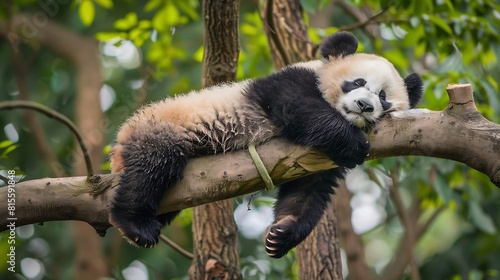 Panda Bear Sleeping on a Tree Branch China Wildlife Bifengxia nature reserve Sichuan Province Cute Lazy Baby Panda Sleeping in the Forest Enjoying an afternoon nap with paws Hanging Do   Generative AI