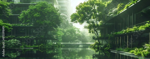 A lush green city with skyscrapers covered in plants and trees, a river running through the middle and a blue sky with white clouds.