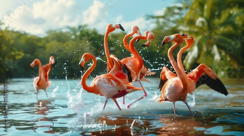 Fight of American flamingos Phoenicopterus rubernice pink big birds dancing in the water animal in the nature habitat Cuba Caribbean Wildlife scene from nature Flock of colorful birds : Generative AI