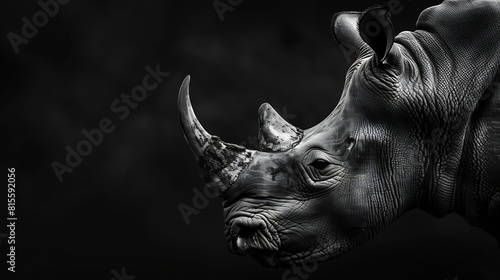 Highly alerted rhinoceros black and white monochrome portrait Fine art South Africa Ceratotherium simum   Generative AI
