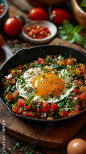 Shakshuka in a Frying Pan. Eggs Poached in Spicy Tomato Pepper Sauce. ai generated