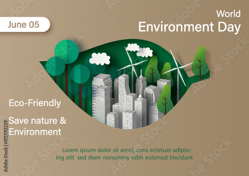 Poster of green city and environment concept, world environment day in origami paper cut and isometric style with vector illustration design.