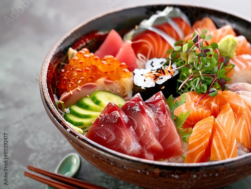 A vibrant dish of chirashi sushi, with assorted fresh fish, vegetables, and garnishes scattered over sushi rice in a beautiful bowl