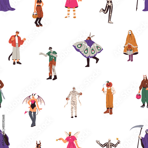 Halloween pattern. Seamless masquerade print. Creepy characters in costumes, ...