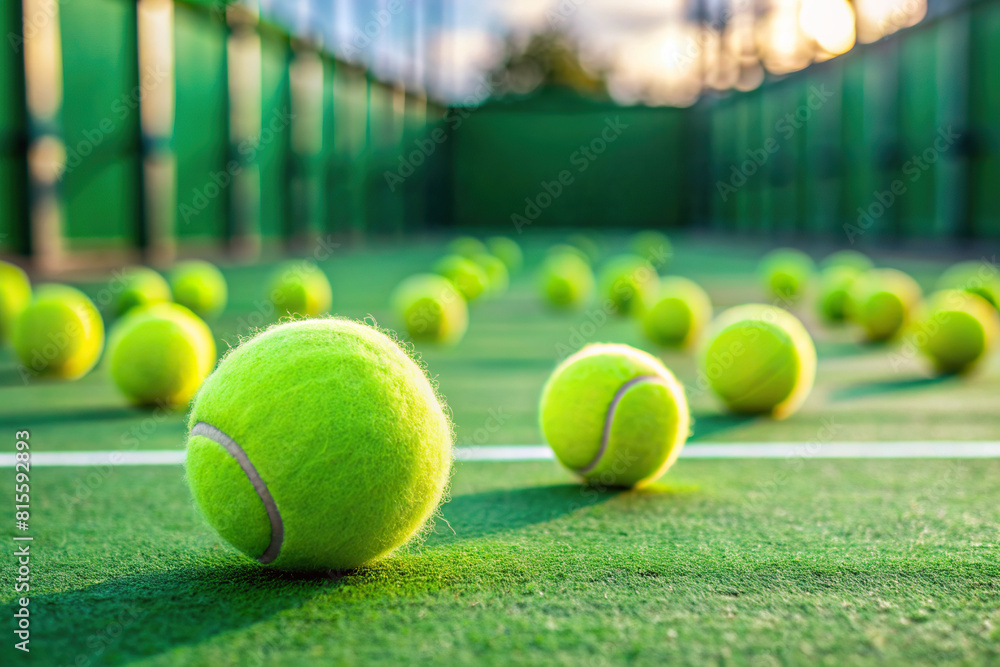 A close-up shot of tennis balls scattered on the vibrant green court, emphasizing selective focus and precision in sports photography.