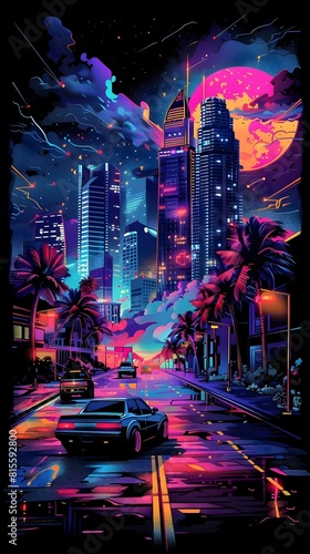 Neon Drenched Cityscape with Esports Characters Showcasing Their Talents