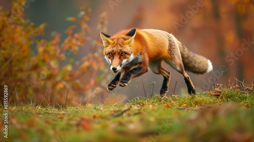 Red Fox jump hunting Vulpes vulpes wildlife scene from Europe Orange fur coat animal in the nature habitat Fox on the green forest meadow Funny image from nature : Generative AI photo