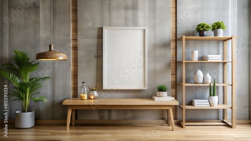 minimalist Blank mock up poster frame on wooden shelf against concrete wall. Loft interior design of modern living room, home.