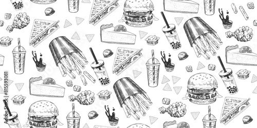 Seamless pattern with fast food. Sketch style french fries, cheesecake, bubble tea, burger, sandwich, chips, chicken nuggets, dipping sauce. Black and white hand drawn background with street food