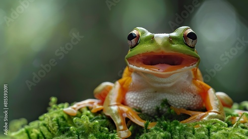 frog look like laughing on moss Flying frog laughing animal closeup Gliding frog Rhacophorus reinwardtii sitting on moss Indonesian tree frog : Generative AI