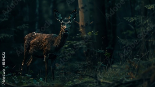 Roedeer in the forest looking towards the camera Dark and muted colors in green and brown tones Foreground and background are blurry   Generative AI