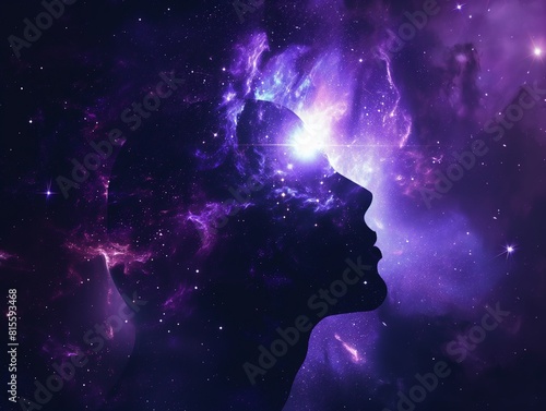 Silhouette of a human head against a vibrant cosmic nebula. © cherezoff