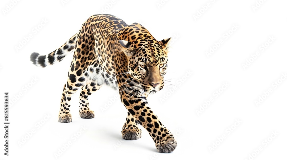 Naklejka premium spotted hunter creature big cat endangered species panthera pardus animal themes isolated on white safari animal indoors one animal remastered white background wild predator nature : Generative AI