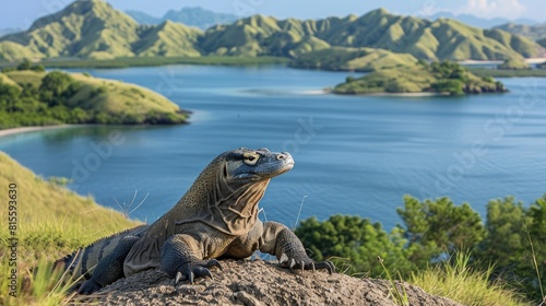 A large Komodo dragon is perched on a rock  looking out over a beautiful landscape of green hills and blue water