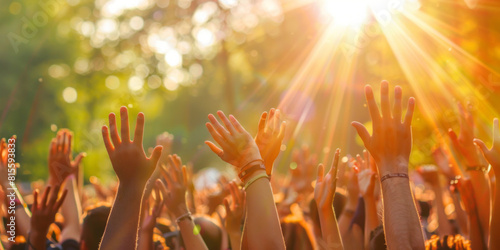 A crowd at a music festival raises their hands in the air, bathed in sunlight and styled with dusty piles in light orange and dark emerald hues.