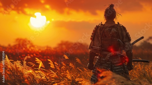A samurai stands in a field of tall grass, his back to the viewer