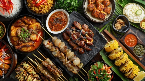 A variety of delicious grilled meats and vegetables are served on a table