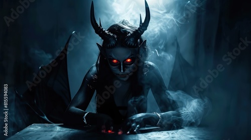 a beautiful female demon with glowing red eyes and horns, the Red Devil Woman photo