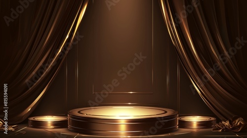 Gold background podium stage golden 3D platform light stand product. Background podium abstract gold award scene pedestal luxury studio black display show premium template ceremony elegant winner.