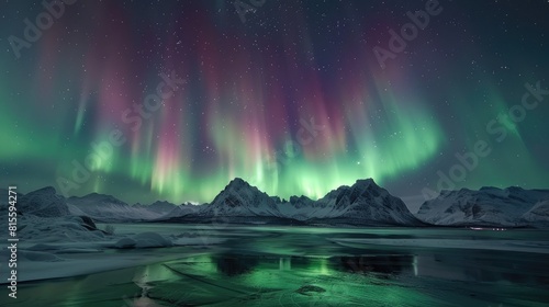 Amazing colorful sky with green, pink and purple lights reflecting on the water. © Nuth