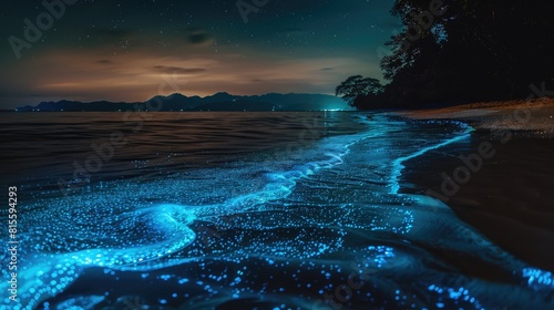 Amazing glowing beach at night with blue neon glowing waves. Bioluminescent plankton in the water.