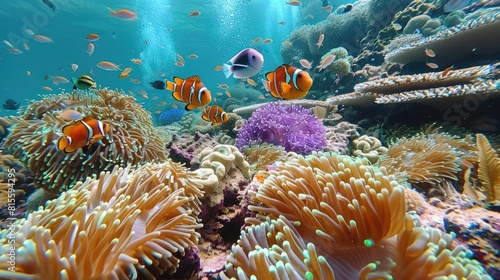 Amazing colorful underwater world with clownfish and corals