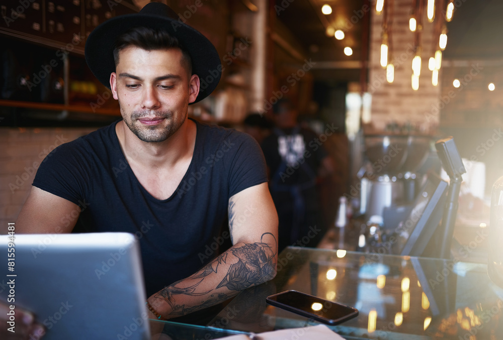 Laptop, man and coffee shop with writer working and freelancer on web article or blog. Smile, restaurant and tech with copywriting and morning with remote job at cafe with internet and notebook Laptop, man and coffee shop with writer working and freelancer on web article or blog. Smile, restaurant and tech with copywriting and morning with remote job at cafe with internet and notebook