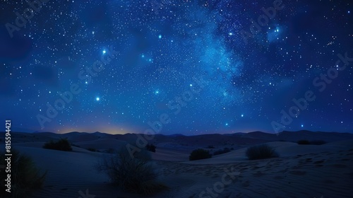 Amazing view of the night sky full of stars in the middle of the desert with a beautiful bright milky way.