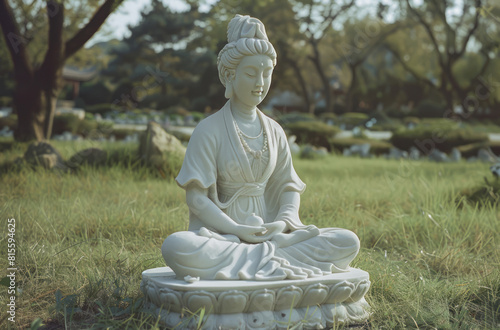 A serene statue of a woman sitting in the grass  styled with god rays