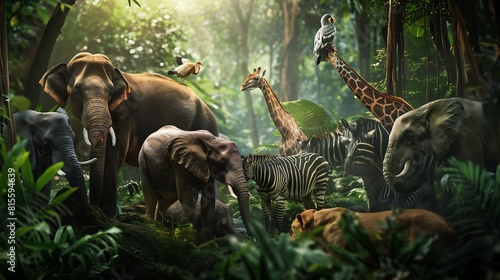 group of wildlife animals in the jungle together   Generative AI