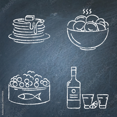 Russian national food icon set on chalkboard. Pancakes, red caviar, pelmeni and vodka. Vector illustration.