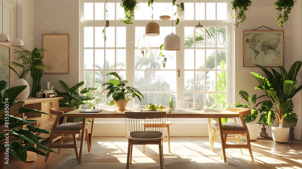 Stylish and botany interior of dining room with design craft wooden table chairs a lof of plants big window poster map and elegant accessories in modern home decor Template : Generative AI Stylish and botany interior of dining room with design craft wooden table chairs a lof of plants big window poster map and elegant accessories in modern home decor Template : Generative AI
