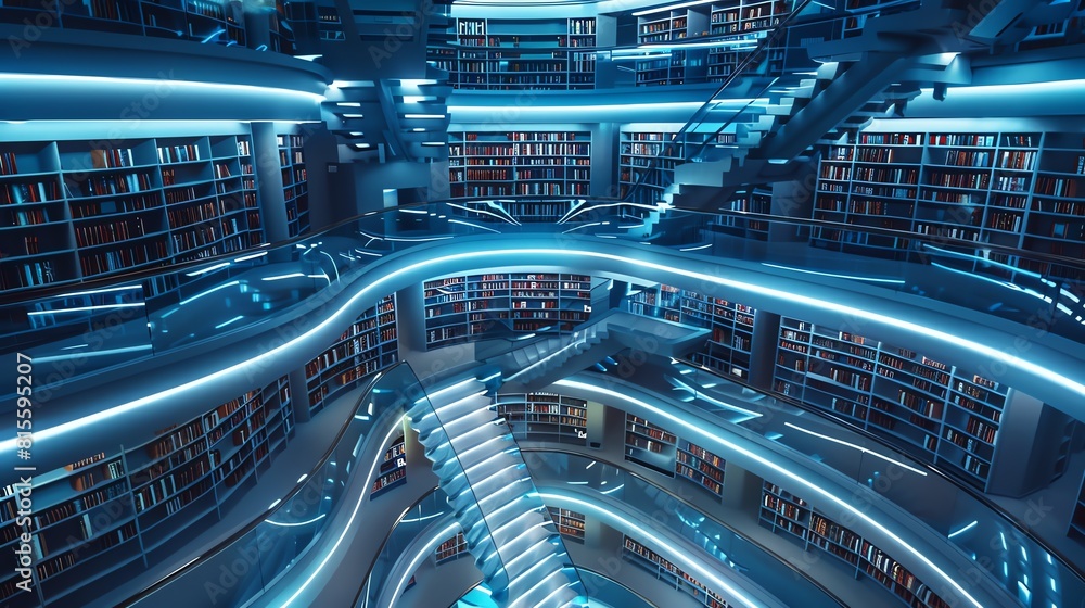 Futuristic library with interactive light shelves, top view, Enlightened space, technology tone, Complementary Color Scheme Futuristic library with interactive light shelves, top view, Enlightened space, technology tone, Complementary Color Scheme