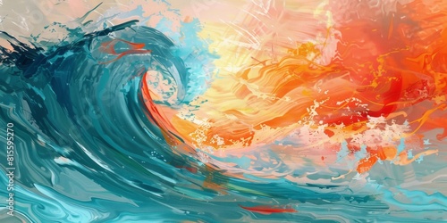 A stunning sunrise is portrayed, reminiscent of a blue wave or sea, highlighted by soft amber and red hues. photo