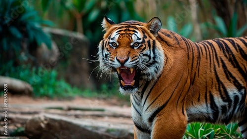 Beautiful expressive portrait of a roaring tiger. Animal mammal wildcat photography illustration. Panthera tigris. 